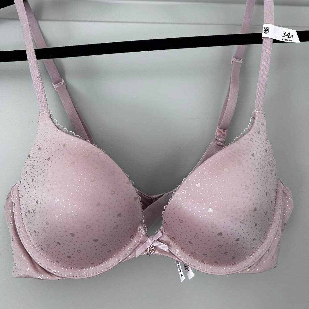 New Victoria's Secret Body By Victoria Push Up Pink Gold Lace Heart Bra Sz 34B